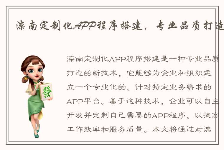 滦南定制化APP程序搭建，专业品质打造