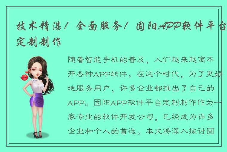 技术精湛！全面服务！固阳APP软件平台定制制作