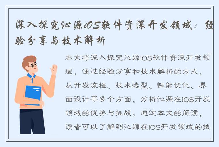 深入探究沁源iOS软件资深开发领域：经验分享与技术解析