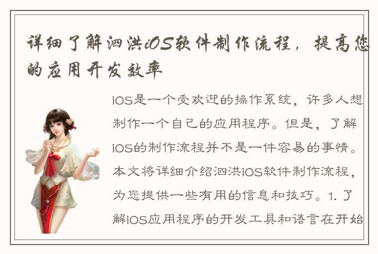 详细了解泗洪iOS软件制作流程，提高您的应用开发效率