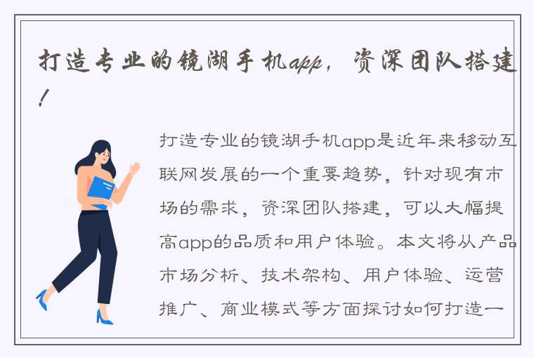 打造专业的镜湖手机app，资深团队搭建！