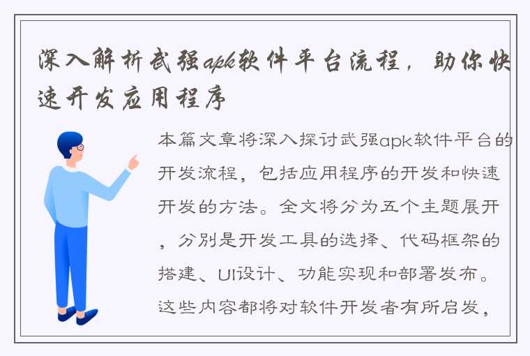 深入解析武强apk软件平台流程，助你快速开发应用程序