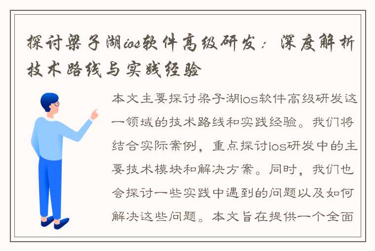 探讨梁子湖ios软件高级研发：深度解析技术路线与实践经验