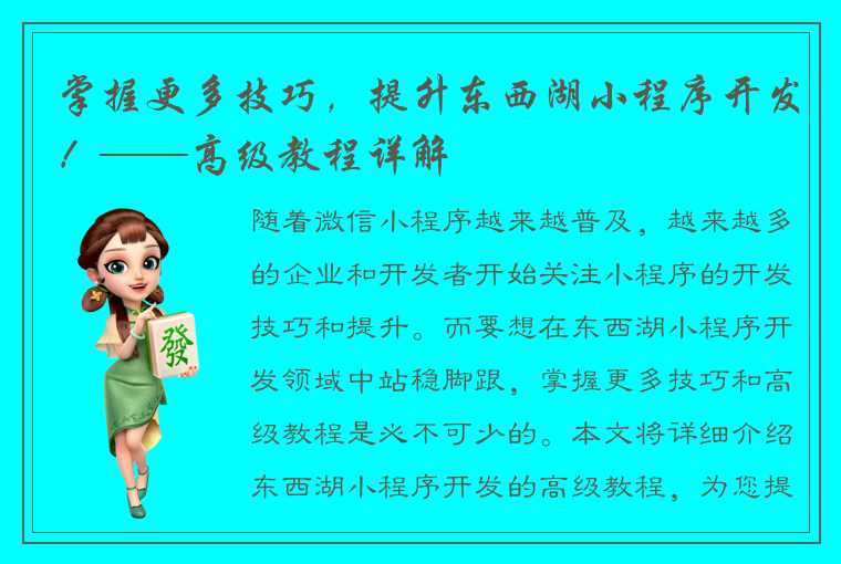 掌握更多技巧，提升东西湖小程序开发！——高级教程详解