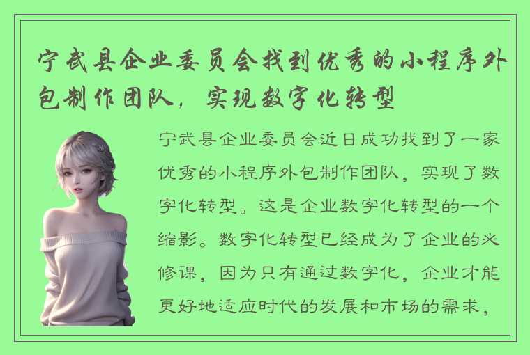 宁武县企业委员会找到优秀的小程序外包制作团队，实现数字化转型