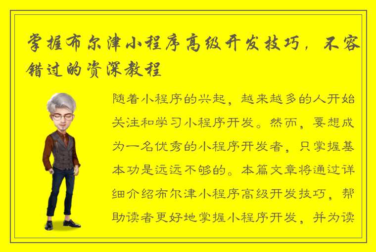 掌握布尔津小程序高级开发技巧，不容错过的资深教程