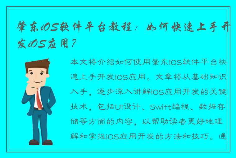 肇东iOS软件平台教程：如何快速上手开发iOS应用？