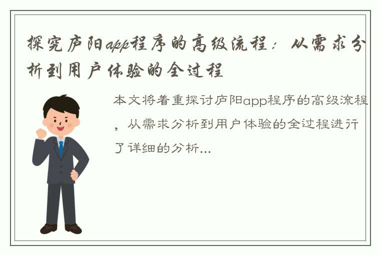 探究庐阳app程序的高级流程：从需求分析到用户体验的全过程